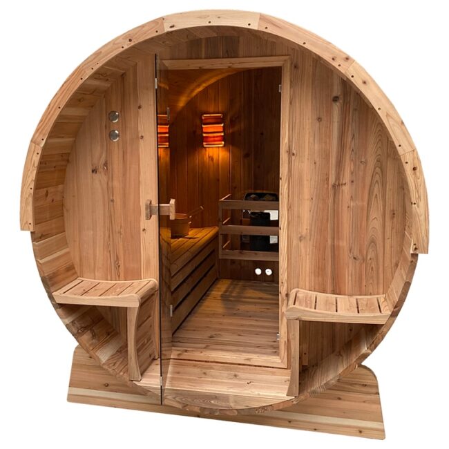 Autre point de vue sur le Showroommodel Barrelsauna TR-230